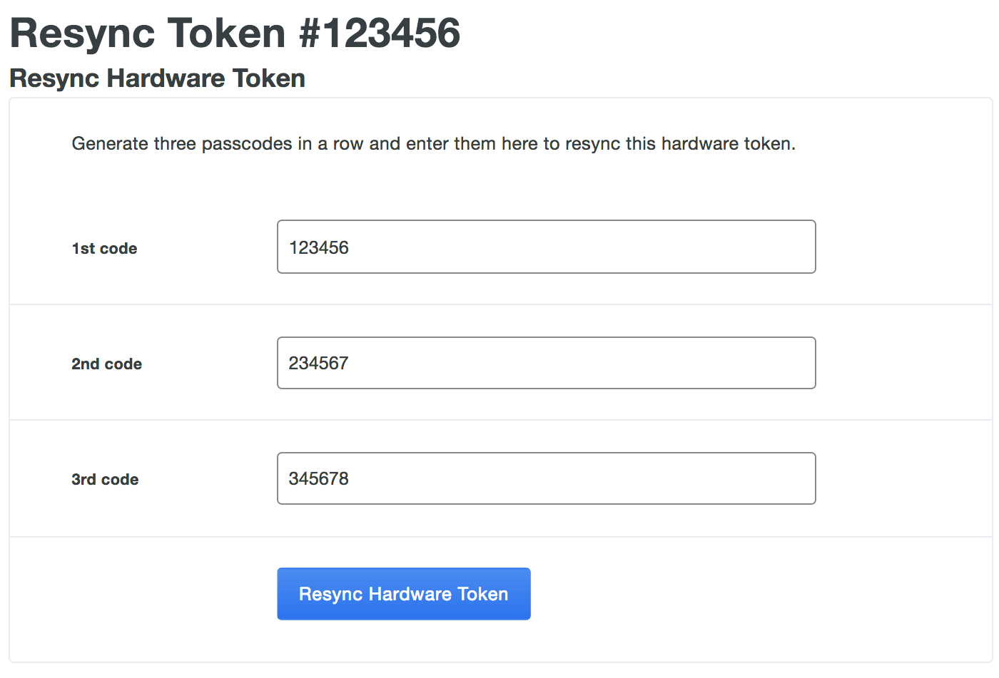 Enter token codes for resync