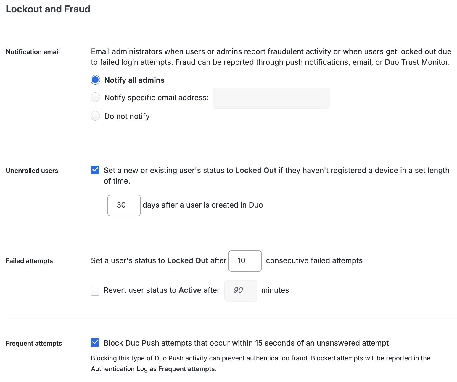 Lockout and fraud settings