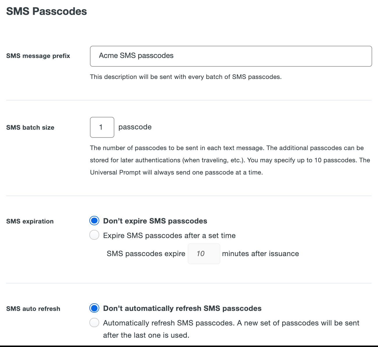 SMS passcodes settings