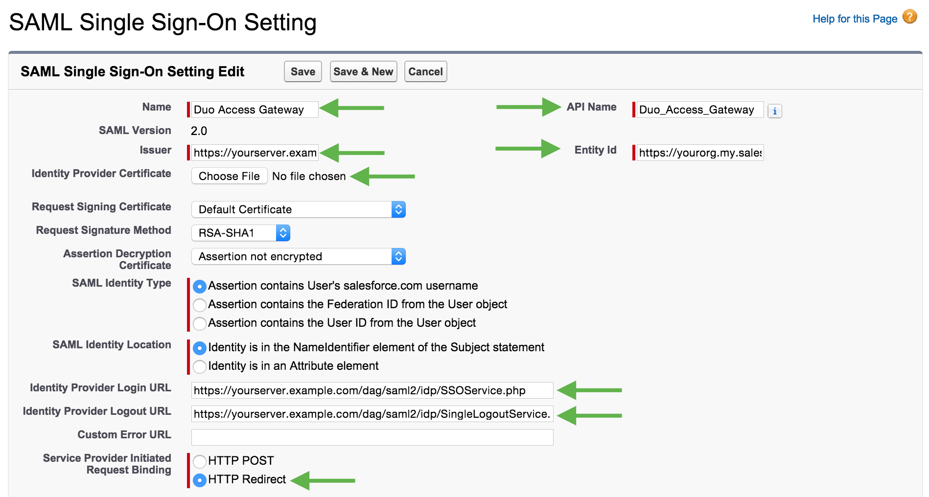 Salesforce Single Sign-On Setting Edit