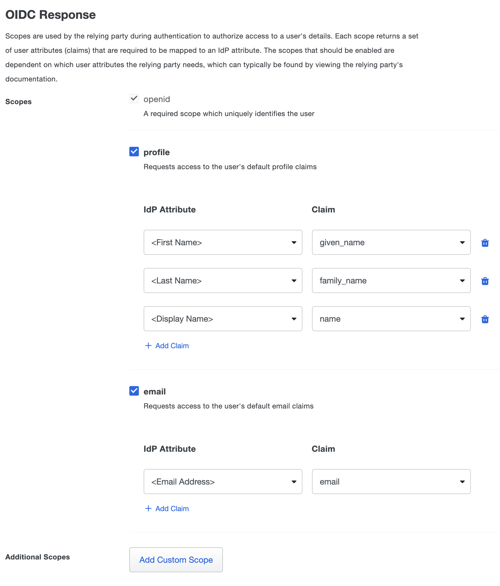 Configure default scopes and claims