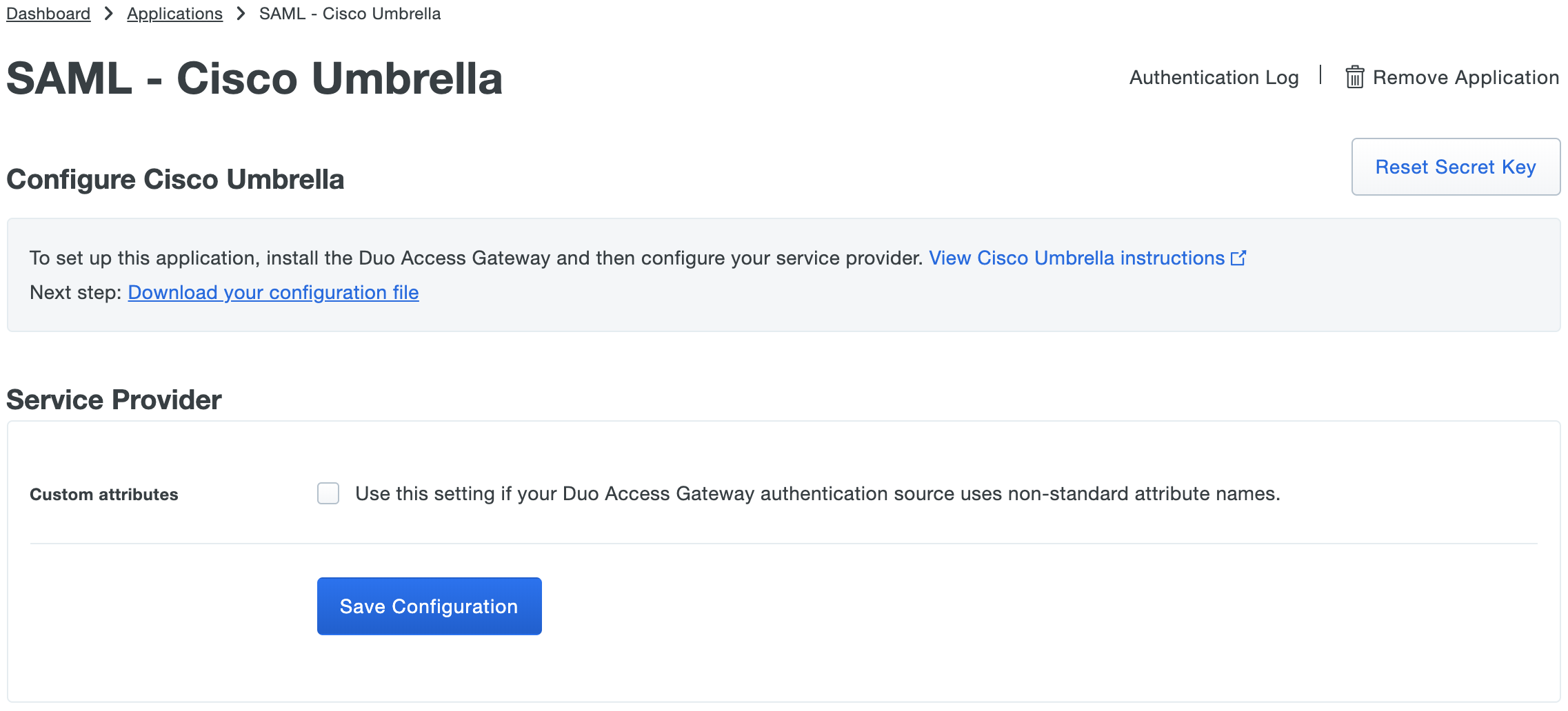 Duo Umbrella Application Settings