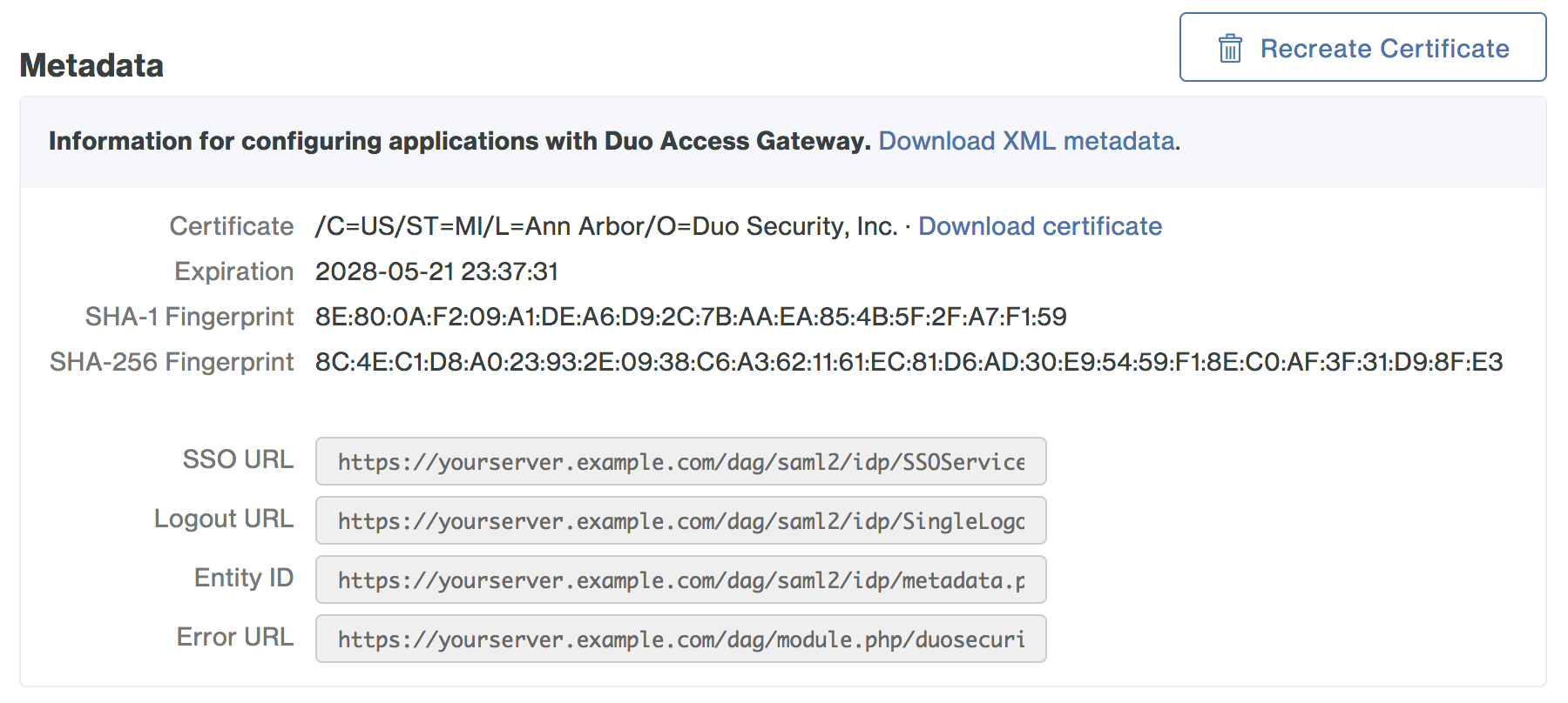 Duo Access Gateway Metadata Information