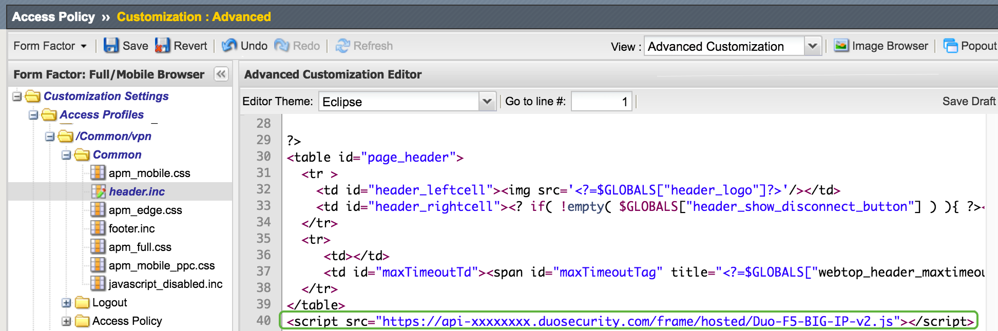 F5 BIG-IP APM Access Profile Duo Script in Editor