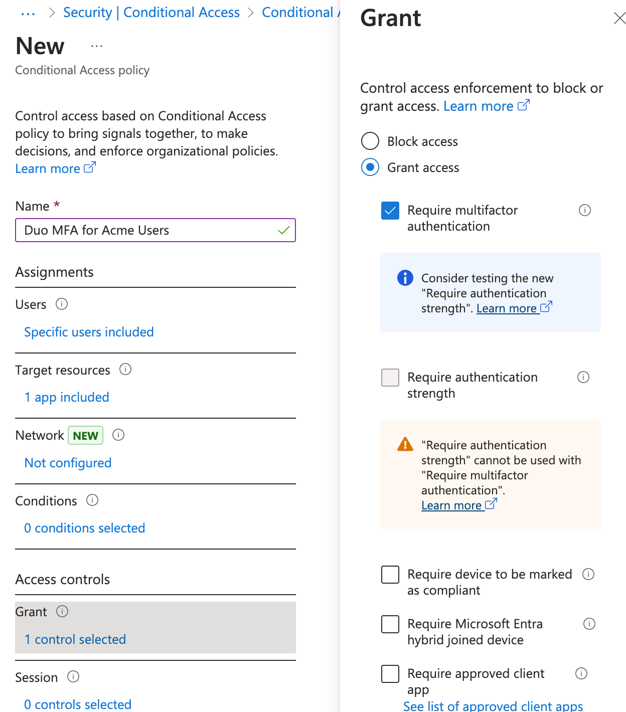 Duo Entra ID CA Policy MFA Required to Grant Access