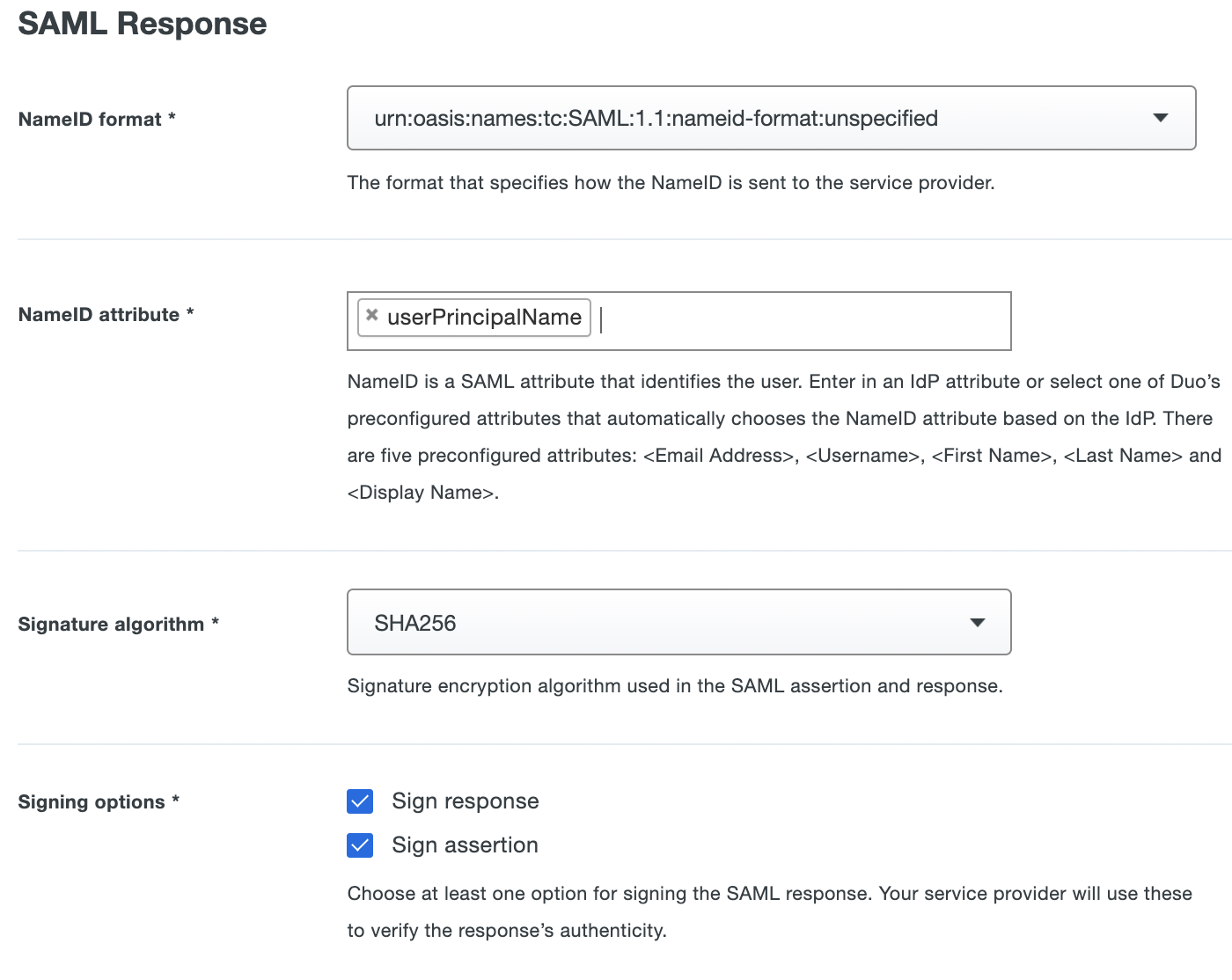 Duo Generic AD FS SAML Response Information