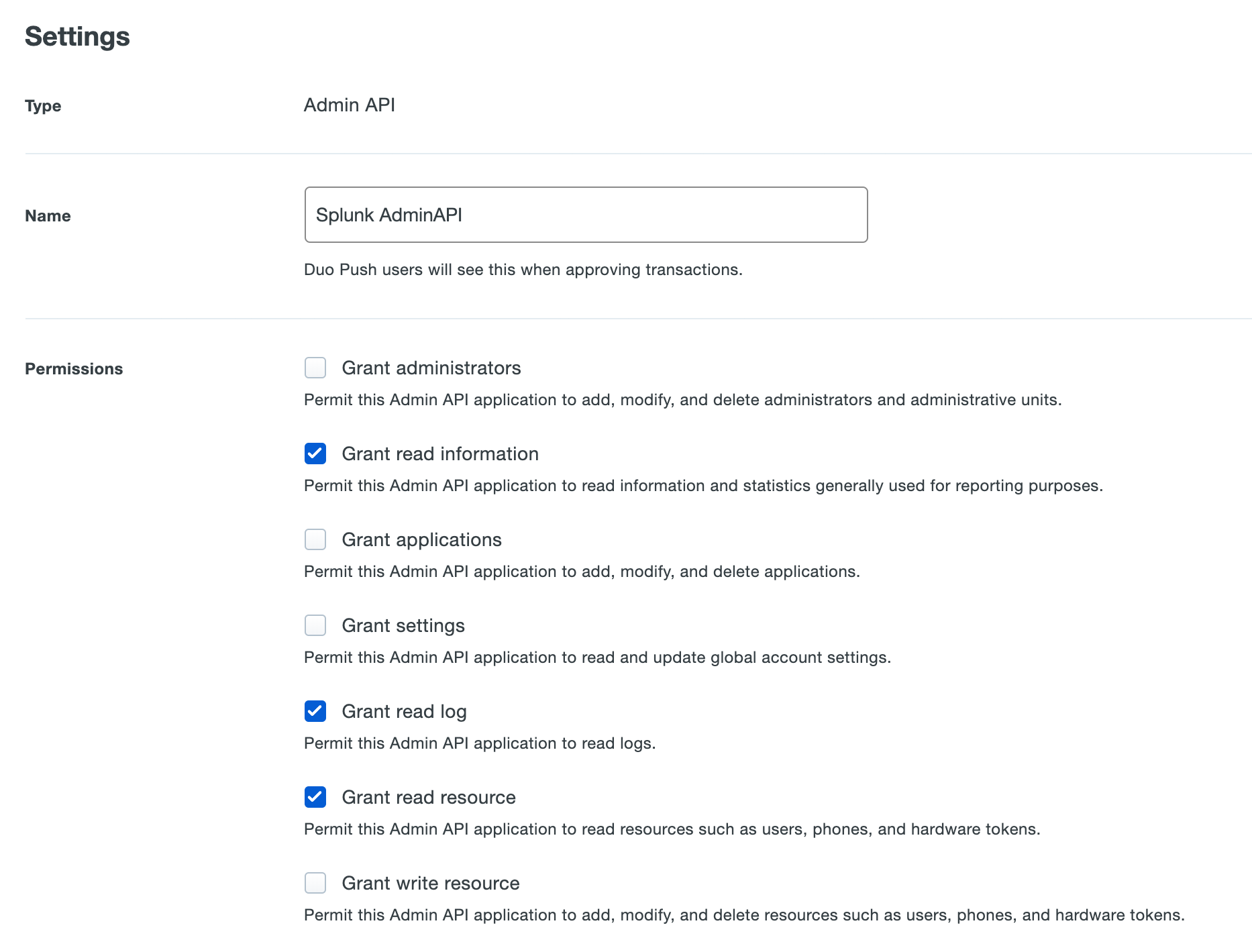 Admin API permissions for Splunk Connector