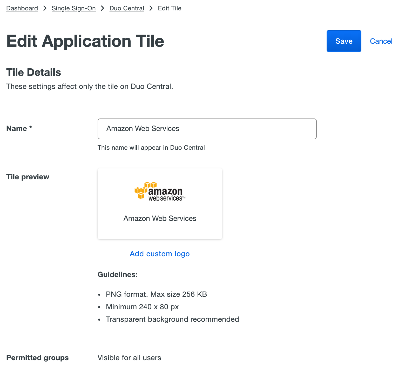 Duo Central Edit SSO Tile page