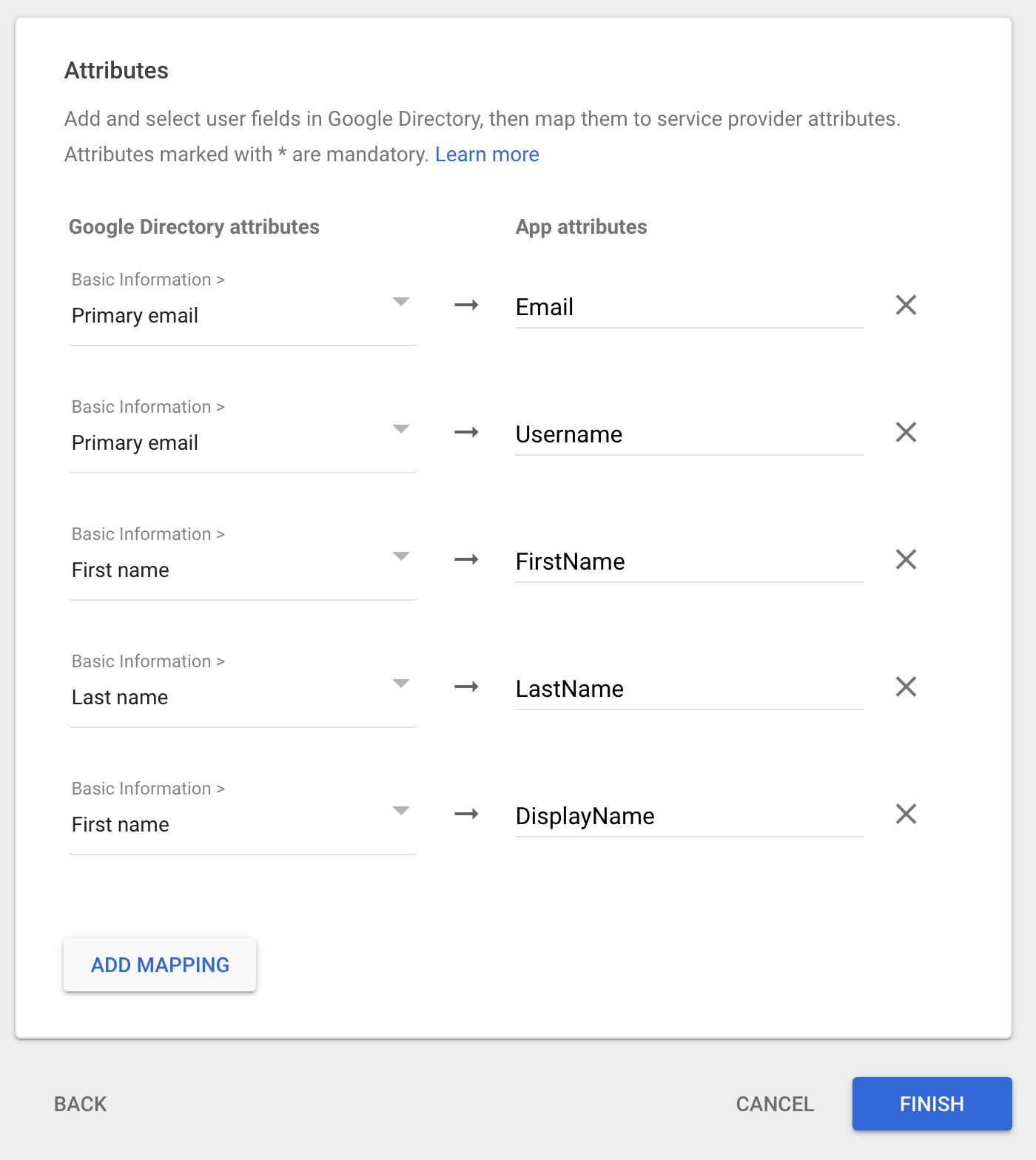 Google Workspace attribute mapping