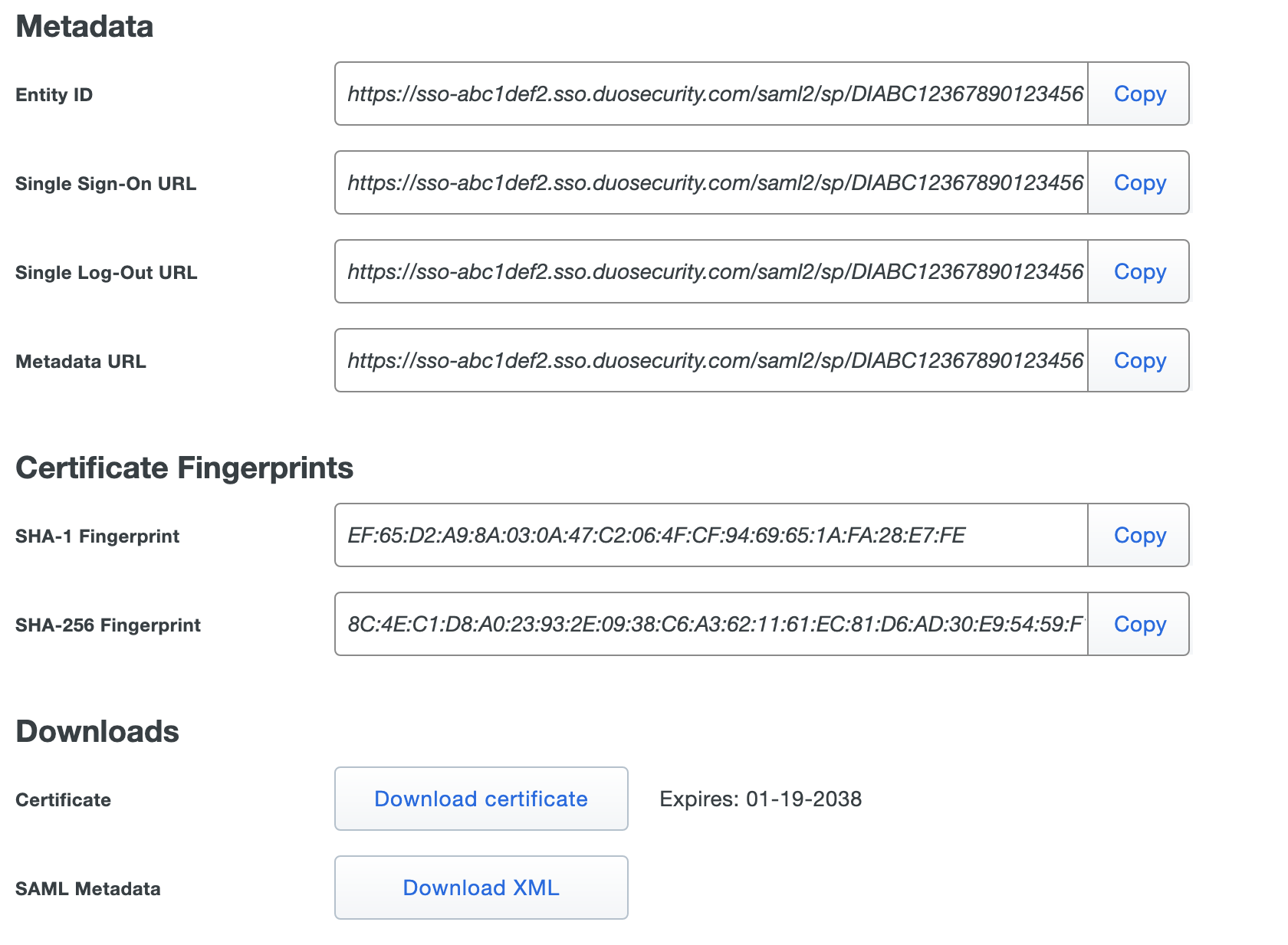 Metadata on the Duo SSO page