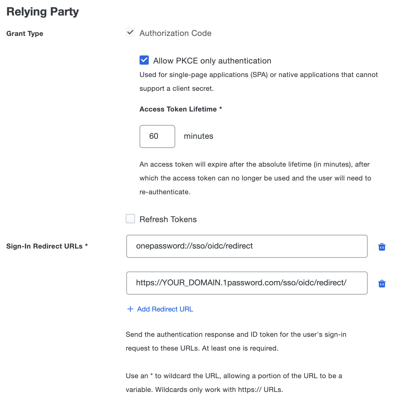 Configure grant type and redirect URLs