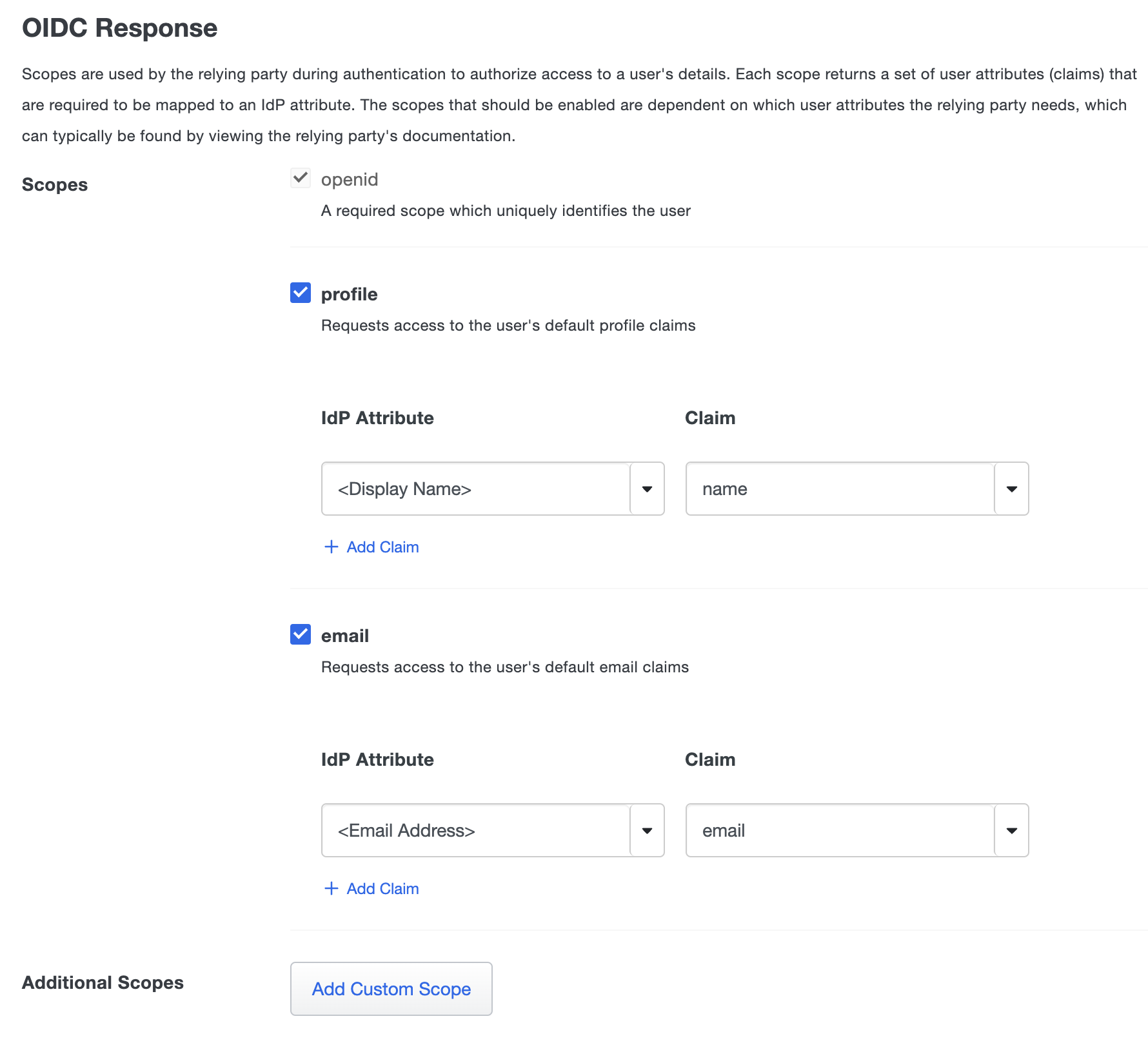 Configure default scopes and claims